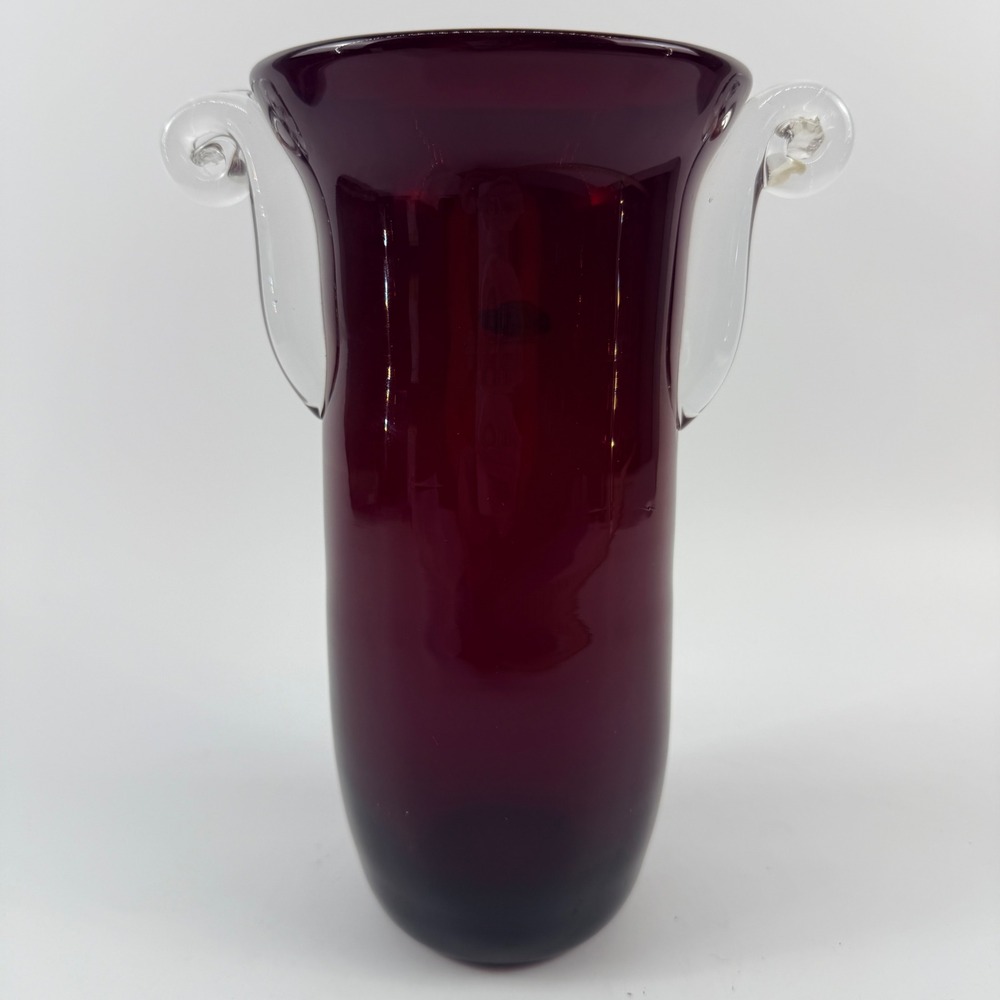 Blenko Ruby Red Glass Vase Non-Catalog Applied Clear Scroll Handles Silver Label - Picture 5 of 10